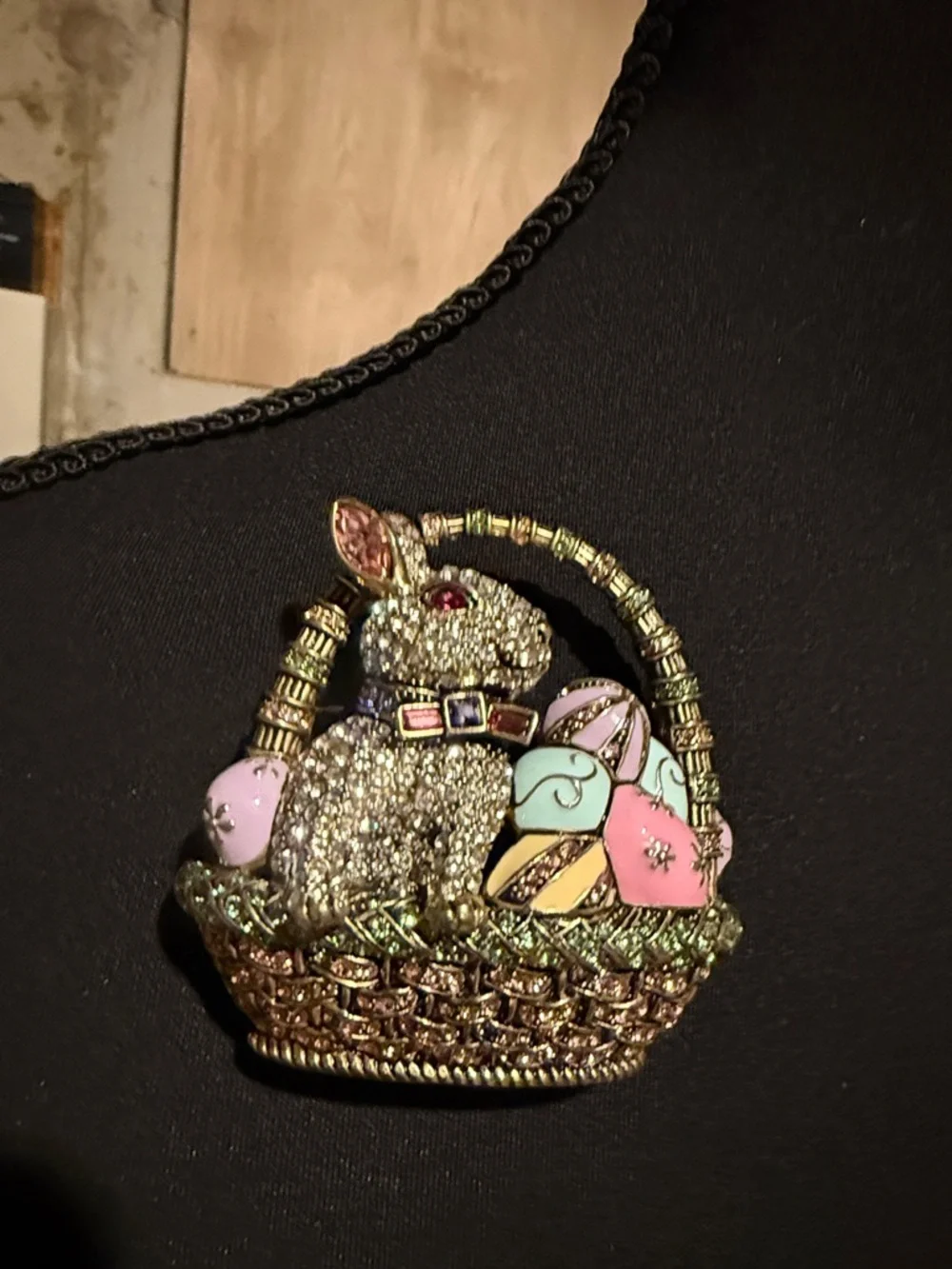 Heidi Daus Sparkling Bunny in Easter Basket Brooch - Pink, Mint & Gold